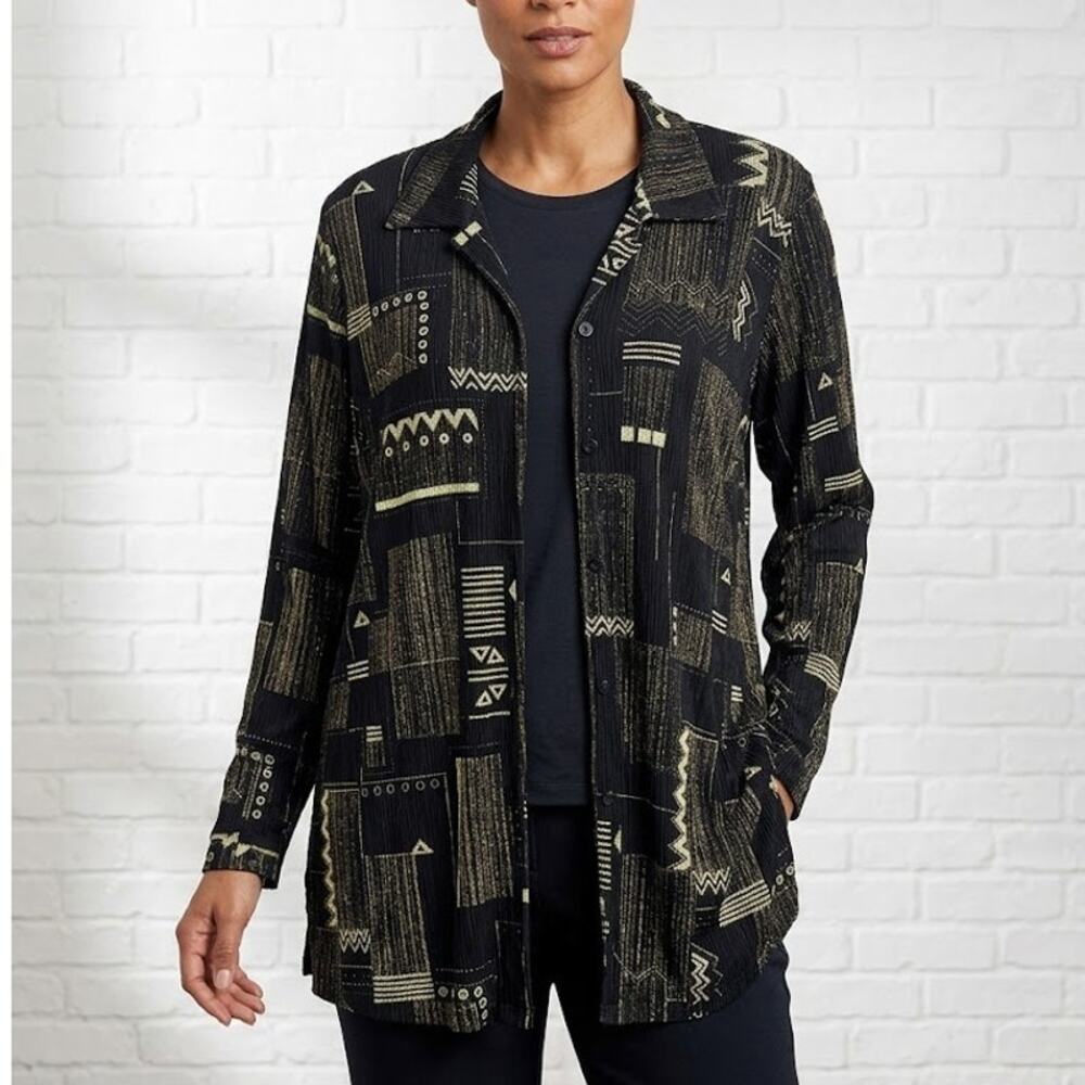Vikki Vi Geometric Print Tunic Women's 2X Black Tan Green Long Sleeve